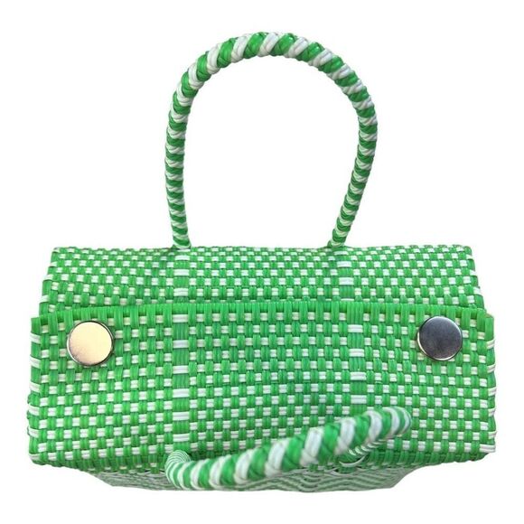 Women's Green White Handwoven Recycled Plastic Mexican Bag Handcrafted Square - Picture 4 of 13